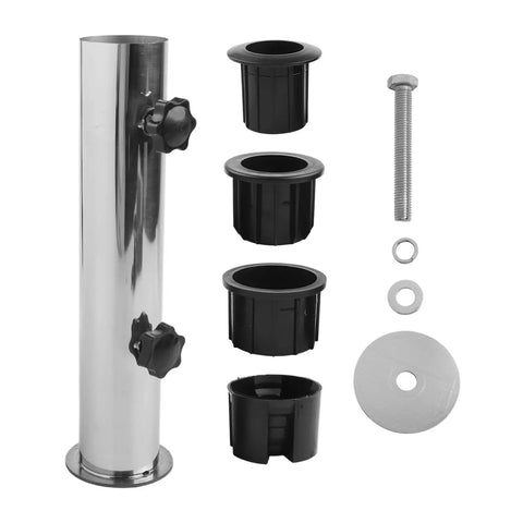 Heavy Duty Granite Umbrella Stand With Windproof Adjustable And DIY Friendly Industrial Grade Outdoor Umbrella Base For Patio Or Deck Stainless Steel And Granite Construction For Maximum Stability showing stainless steel pole with adjustment knobs and various black plastic sleeves.