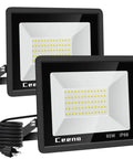 2 Pack 60W Outdoor LED Flood Lights With Switch, IP66 Waterproof 6000K Daylight, 6000 Lumens Each, 9.8 Ft Wire, Plug In