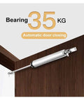 Automatic Door Closer 90 Degree Adjustable Soft Close, 35Kg Load Capacity installed on wooden door corner.