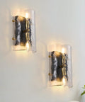 MWZ Modern 2-Light Wall Sconce Set of 2 with Water Rippled Glass Shades 11" featuring curved glass shades and black finish.
