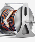 No Fuss Stainless Steel Garden Hose Reel Slick Wall Mounted Retracting Cart With 30 Foot Hose and sprayer, sleek stainless design.