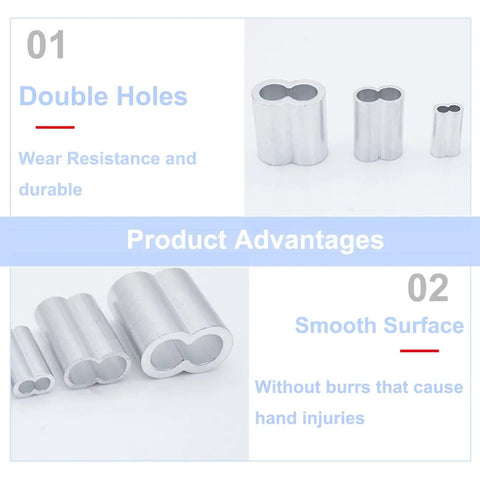 100 Pack Aluminum Crimping Loop Sleeves For One Eighth Inch Wire Rope Heavy Duty Aluminum Ferrule Ends For Steel Cable End Fittings To Secure And Crimp Versatile DIY Rigging Accessories, double-hole, smooth finish