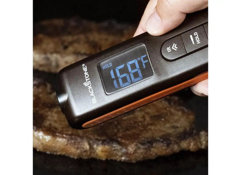 Infrared Thermometer With Probe For Grilling And Bbq Fast Instant Read Backlit Lcd Temperature Alarm Versatile For Meat Poultry Grills Ovens And Cooking Ideal For Home Cooks And Grill Masters showing 168 degrees on steak