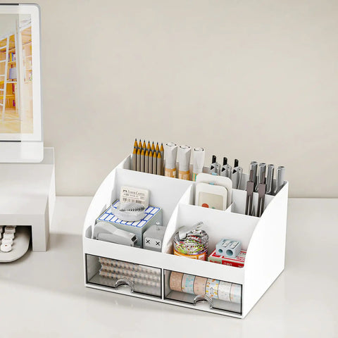Ultimate Desk Organizer With Six Compartments And Two Drawers, Plastic Makeup Organizer And Pen Holder on a white desktop