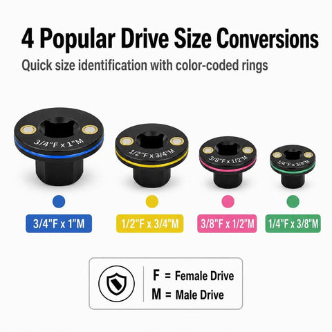 Mewach Low Profile Impact Socket Adapter Set That Is Super Rad For Tough Jobs With Magnetic Grip And Cr-V Build, 4-piece color-coded drive adapters