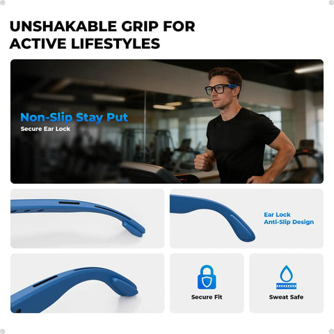 Silicone Eyeglass Ear Grips For Ray Ban Meta Smart Glasses Gen 1 And Gen 2 Anti Slip Ear Hooks in blue, worn during exercise.