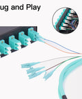 Plug And Play Om3 Multimode Fiber Wall Mount Enclosure featuring six duplex LC UPC ports and pigtails in action.