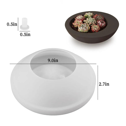 Large Round Silicone Mold for Resin and Concrete Projects Irregular Bowl Style Storage Tray with dimensions and succulent planter example