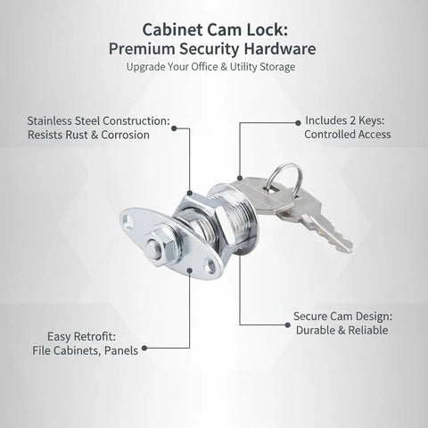 Stainless Steel Cam Lock Replacement with 2 Keys for Beefed Up Secure Storage fits Standard File Cabinets and Mailboxes
