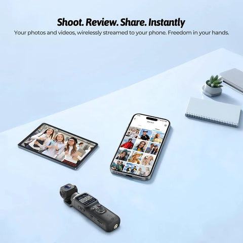 4K Vlogging Camera For YouTube And Social Media Ultra Portable 75MP Pocket Digital Camera With 330 Degree Rotating Gimbal Lens next to smartphone and tablet
