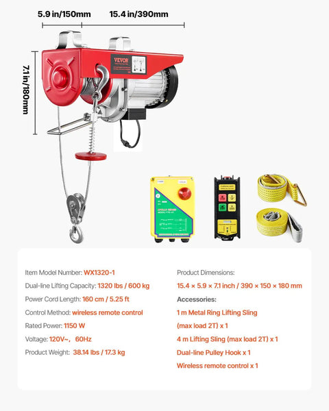 Heavy Duty Wireless Electric Hoist 1320 Lb Lift, 1150W 110V Steel Wire Winch With Remote Control, 40-Foot Lift Height, Durable Garage Shop Warehouse Factory Lifting Solution for Heavy Objects, shown with pulley and remote