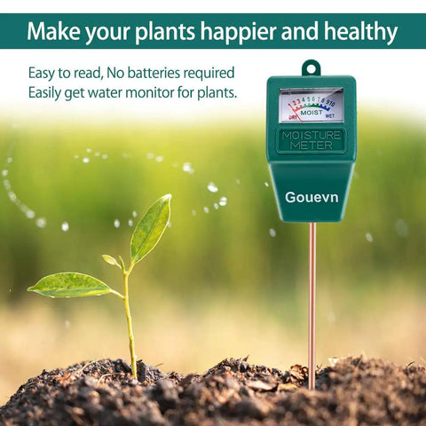 Two Pack Soil Moisture Meter Hygrometer for indoor and outdoor plants inserted in soil near seedling, no batteries required.