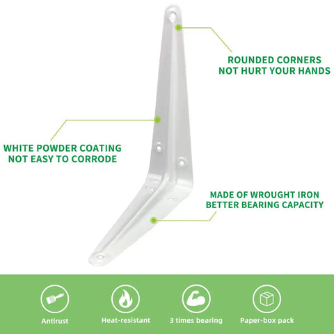 Beefy Heavy Duty White Metal 6 Inch L Shape Shelf Bracket with rounded corners, white coating, and iron construction details.