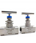 Two stainless steel high-pressure needle valves with blue knobs; 6000 PSI, G1/2 threads, SS304