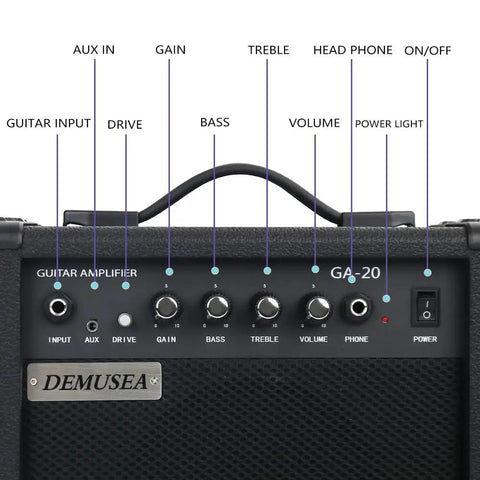 Control panel of Portable 20W Electric Guitar Amp For Beginners With Headphone Output And Aux In, showing input and control knobs.