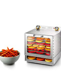 Heavy Duty Stainless Steel Electric Food Dehydrator With Simple Temp And Timer Controls Built Dang Tough For Beef Jerky Dried Fruit And Garden Herbs A Real Kitchen Workhorse Holding Over Thirteen Pounds with colorful dried fruit and carrot sticks.