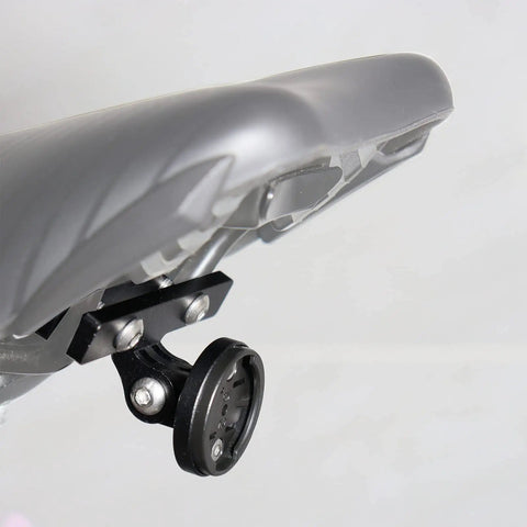 Bike Saddle Mount Seat Post Tail Light Holder For Garmin Varia Radar RTL510 RTL515 RVR315 on saddle, aluminum, close-up.