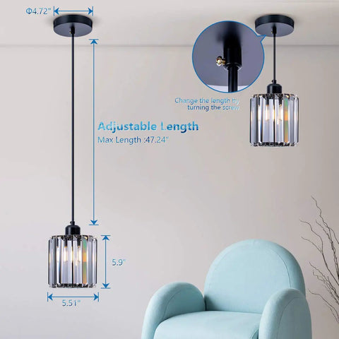 Modern Mini Crystal Pendant Light for Kitchen Island and Bar Lighting Fixture with Cylinder Crystal Design in Matte Black Finish