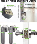 Smart Fingerprint Door Lock With Keyless Entry And Biometric Handle, Auto Lock, Passage Mode, Spare Key, Dope For Bedroom Home Hotel Office, Fast 0.1 Second Recognition, Durable Grey Finish, Easy Install showing dimensions and fit for left and right doors