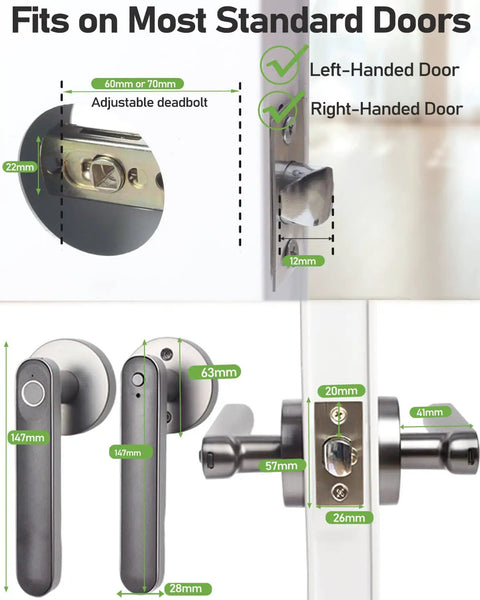 Smart Fingerprint Door Lock With Keyless Entry And Biometric Handle, Auto Lock, Passage Mode, Spare Key, Dope For Bedroom Home Hotel Office, Fast 0.1 Second Recognition, Durable Grey Finish, Easy Install showing dimensions and fit for left and right doors