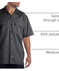 Badass Men Short Sleeve Utility Button Down Workshirt In Charcoal With Stain Resistant Cotton Polyester Blend For Tough Job Site Grind And Easy Relaxed Fit That Handles Every Day Hustle, showcasing generous cut and moisture-wicking fabric.