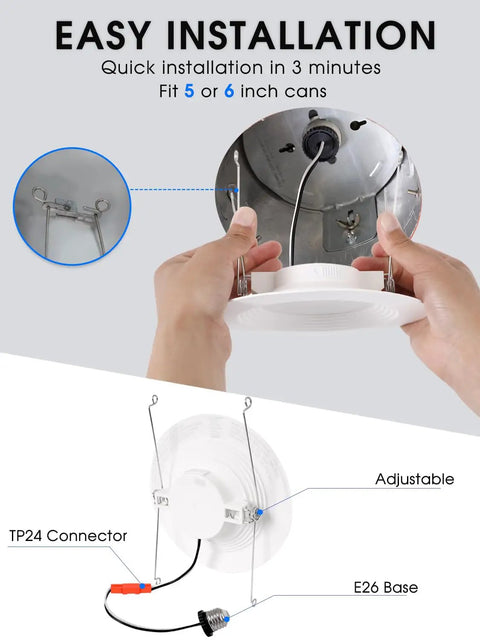 Hands installing 12 Pack 6 Inch Retrofit LED Recessed Lighting Dimmable 12.5W to 100W Daylight 5000K 950 Lumen Can Lights