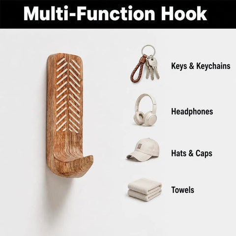 Top Tier Boho Wood Peel And Stick Wall Hooks Featuring A Seriously Strong Adhesive Grip, multi-function hook holding keys and towels.