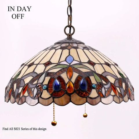 Tiffany Style Pendant Light Fixture Serenity Victorian Stained Glass Hanging Lamp, 16 Inch Wide And 40 Inch Tall, intricate design.