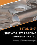 Faraday Fabric Kit With Pro Grade Conductive Tape, 44 Inch Wide By 36 Inch Long Fabric, seen with rolls and cut pieces, titanium color.