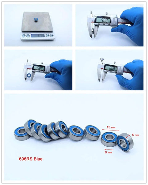 Image of blue sealed ABEC-3 ball bearings kit for RC cars and trucks, showing digital caliper measurements and bearings layout