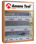 Top Shelf Metric Cnc Router Bit Collection Featuring Rock Solid Carbide Cutters And Knockout Wooden Display Case With Glow LED Mirror Inside For Serious Woodworkers Ready To Dominate Their Next Project showing various router bits in a display case.