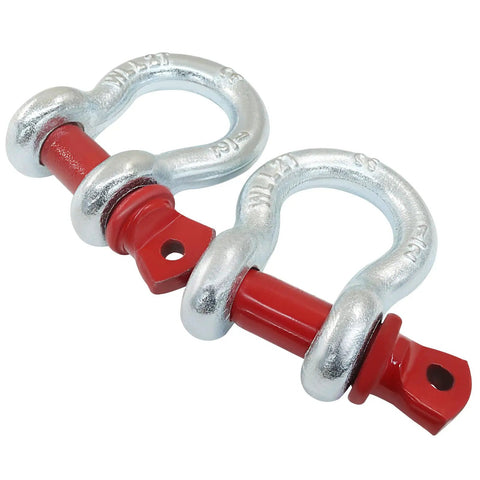 Two Pack Half Inch D Ring Shackles, 2 Ton Galvanized Screw Pin Anchor Shackles For Vehicle Recovery, Rigging, Towing And Heavy Lifting, Built Tough And Corrosion Resistant Zinc Plated. Two galvanized 1/2 inch screw pin D ring shackles with red pins