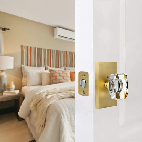 Crystal Glass Door Knobs With Lock Satin Brass Finish For Bedroom And Bathroom Privacy Knob Easy To Install Modern Interior Door Hardware Adds Lux Look And Reliable Security on bedroom door
