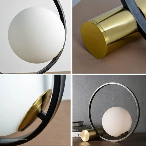 Mid Century Modern Glass Globe Desk Lamp With Gold Ring, Plug In Nightstand Reading Light For Bedroom And Office