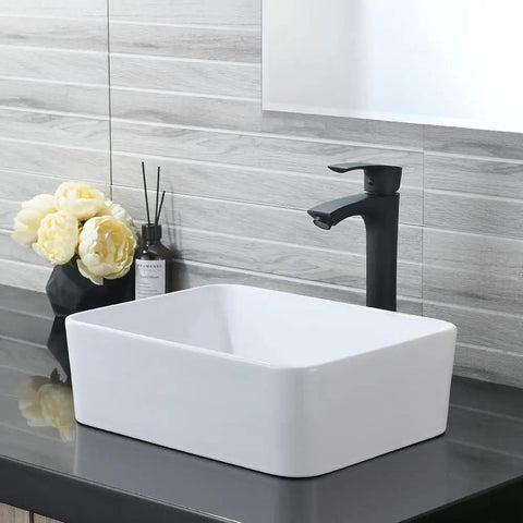 Rectangular Vessel Sink With Matte Black Faucet And Pop Up Drain 16 By 12 Inch Above Counter White Porcelain Ceramic Bathroom Basin Dope Combo