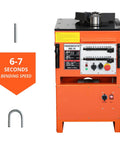 Heavy Hitter 1600W Electric Rebar Bender With Rock Solid Foot Pedal, Badass Quick Bend System, Portable Handle, Zero To One Eighty Degree Adjustable Angle, Smooth Operation For Pro Construction Sites featuring a rebar bender cutter in orange with bending speed results.