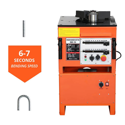Heavy Hitter 1600W Electric Rebar Bender With Rock Solid Foot Pedal, Badass Quick Bend System, Portable Handle, Zero To One Eighty Degree Adjustable Angle, Smooth Operation For Pro Construction Sites featuring a rebar bender cutter in orange with bending speed results.