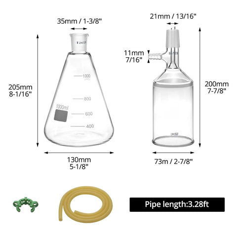Pro Grade Buchner Funnel Filtering Gear With Borosilicate Glass 1000ml Filter Bottle and tube shown with dimensions