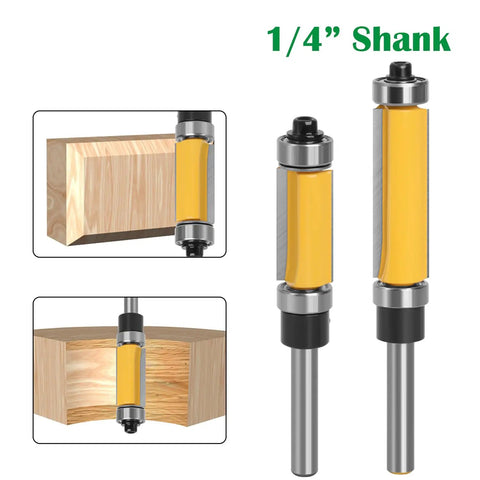 Four Piece Flush Trim Router Bit Set With One Quarter Inch Shank and Dual Bearings, showcasing carbide blades and cutting edges.