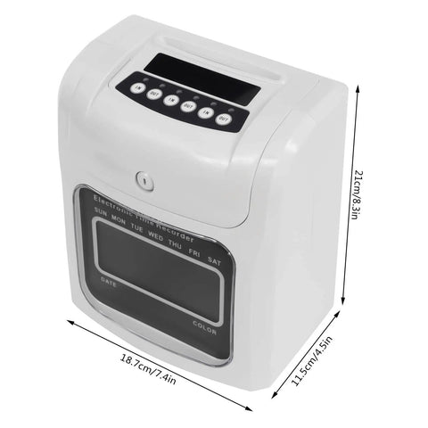 Heavy Duty Electronic Punch Time Clock For Small Business Crews Offering Hassle Free Auto Aligning Card Feeder And Keyed Security Lock Includes Fifty Trackers Plus Master Control Key in white with a digital display.