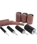 Garage Grade Drill Press Sanding Drum Kit with four long barrel arbors and sixteen sanding bands in various sizes.