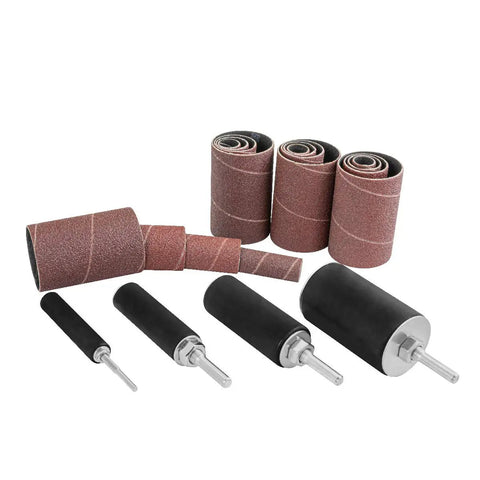 Garage Grade Drill Press Sanding Drum Kit with four long barrel arbors and sixteen sanding bands in various sizes.