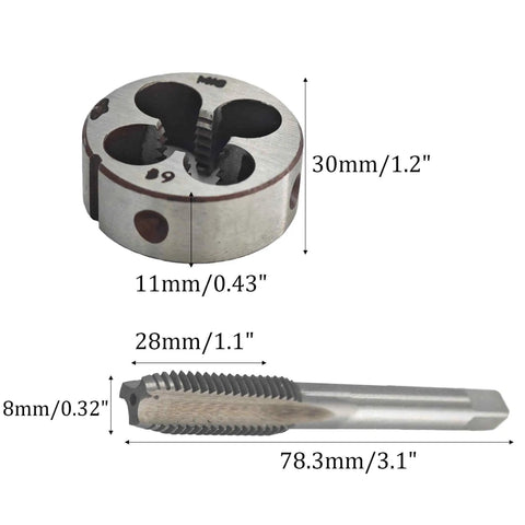 M10 X 1.5mm Metric Tap And Die Set For Metal Working And Repair, showing HSS tap and round die with measurements