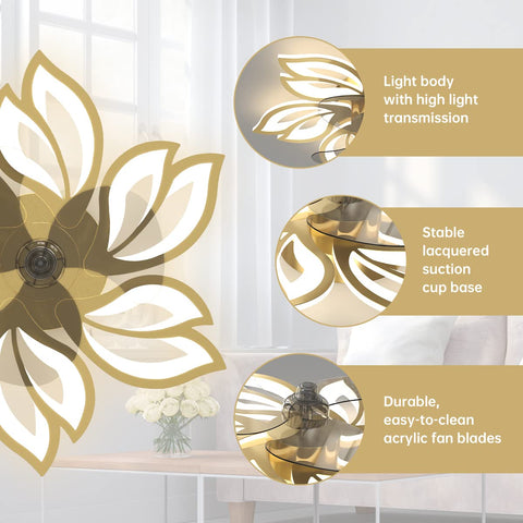 Bladeless Ceiling Fan With Lights And Remote Control 25 Inch LED Flush Mount Golden Finish 72W Modern Flower Shape Design detailed view