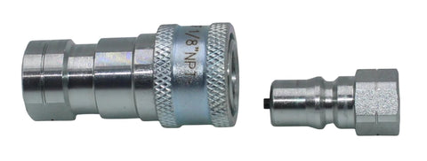 Two-piece hydraulic quick-connect couplings, 1/8'' NPT, chrome-plated metal, ISO 7241-B, dust caps