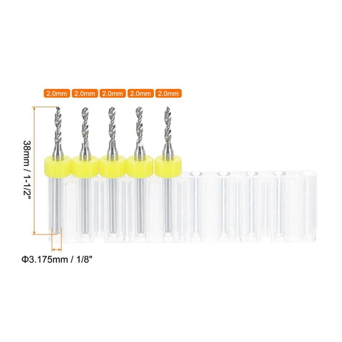 Five Piece PCB Drill Bit Set With One Eighth Inch Shank And Two Millimeter Tungsten Carbide Micro Twist Bits in clear case