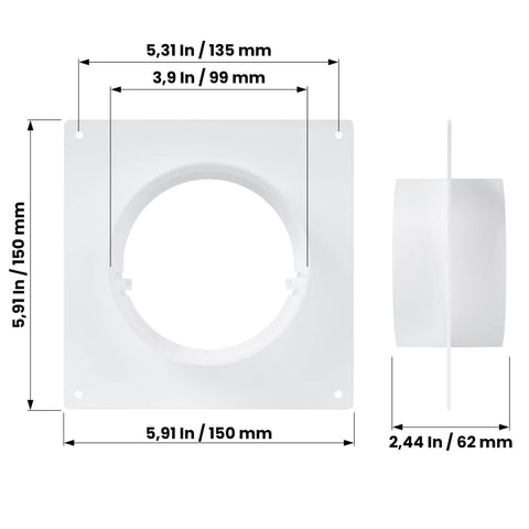 Heavy Duty Plastic Duct Connector Flange For Round Vent 4 Inch size diagram, 5.91 x 5.91 in wall plate