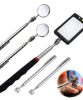 5 Piece Telescoping Inspection Mirror Set with adjustable round and square extendable mirrors, LED light, 33mm and 1.5lb specs for mechanics, automotive repair, and hard to reach areas.