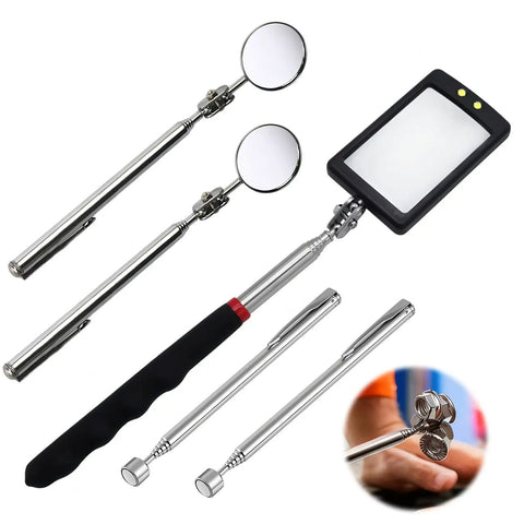 5 Piece Telescoping Inspection Mirror Set with adjustable round and square extendable mirrors, LED light, 33mm and 1.5lb specs for mechanics, automotive repair, and hard to reach areas.
