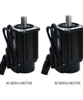 Front view of two servo motors, 80 and 90 size, black ribbed housings with silver output shafts and attached cables.